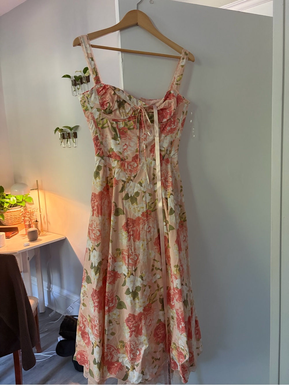House of CB Pink Floral Midi Dress with Green Leaf Print